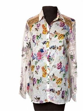 Aratta Silent Journey XS Sheer Floral Embroidered Blouse